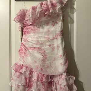 Elegant One Shoulder Pink Floral Dress